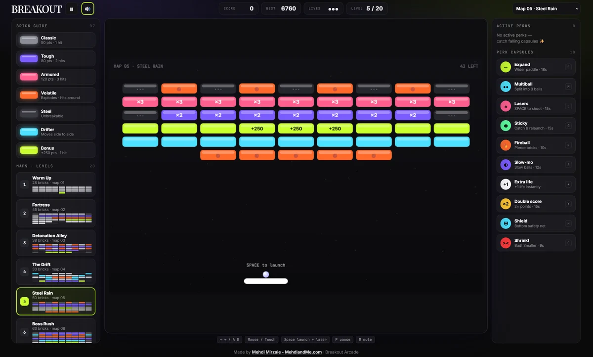 Screenshot of the BREAKOUT browser game in the Steel Rain level, showing the brick layout, brick guide, maps list and active perks panel