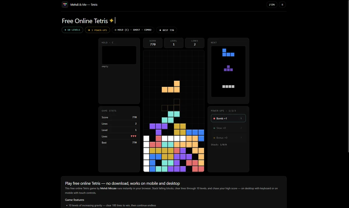 Screenshot of MiM Tetris mid-game with a stack of blocks, 770 points and two lines cleared