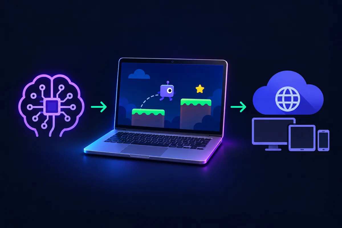 Illustration of an AI chip connected to a laptop game, a cloud and devices, for a guide on making and publishing a simple game with AI.
