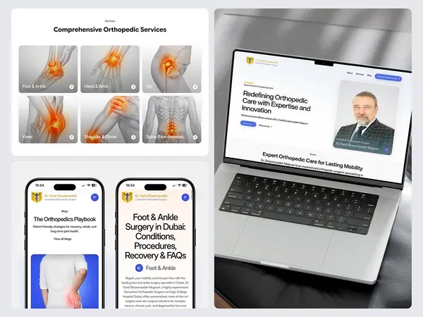 Orthopedic clinic website on a laptop beside two phone screens showing foot and ankle treatment pages