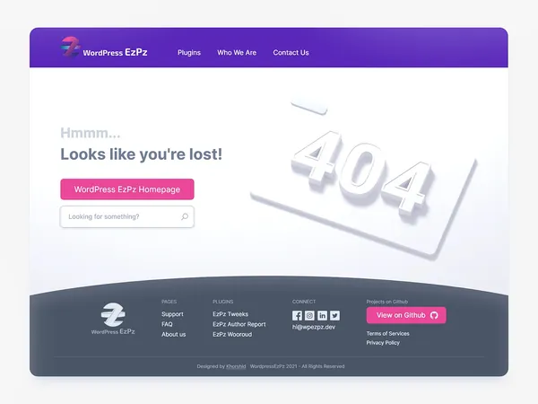 WordPress EzPz 404 page with a search field and links back into the site