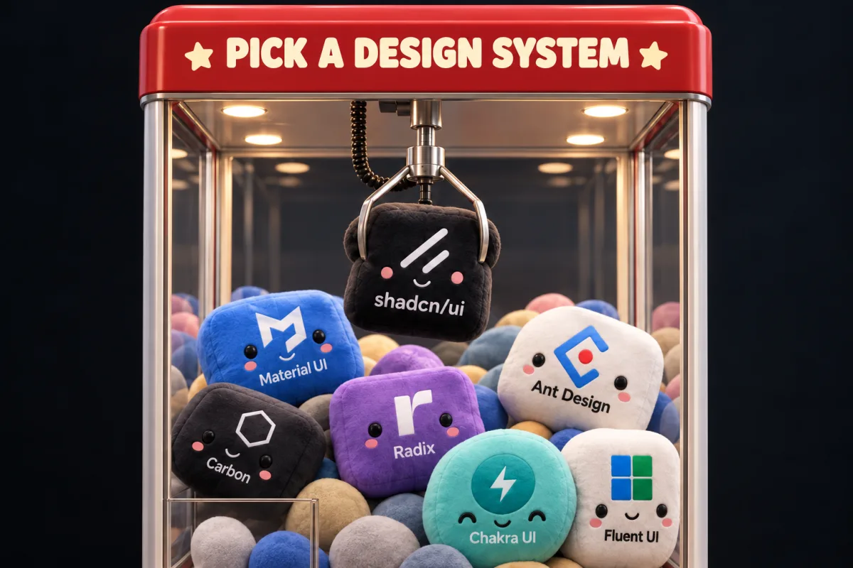 A list of popular design systems and component libraries including shadcn/ui, Material UI, Ant Design, Carbon, Radix, Chakra, Mantine, Fluent UI, Polaris, Primer, Bootstrap, Blueprint, Base Web and Lightning Design System.