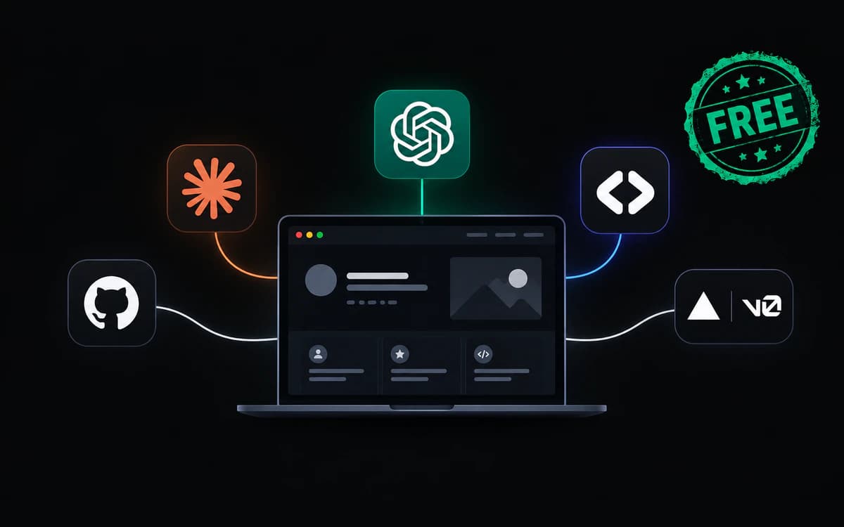 A dark illustration of a laptop showing a website builder dashboard, connected to AI, GitHub, code and Vercel icons, with a green FREE stamp.