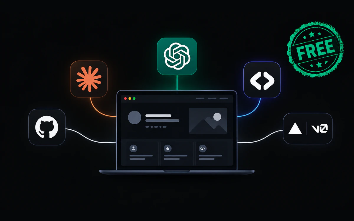 A dark illustration of a laptop showing a website builder dashboard, connected to AI, GitHub, code and Vercel icons, with a green FREE stamp.