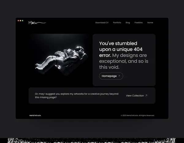 Dark 404 page design with a 3D figure and a playful error message