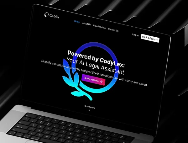 Codylex AI legal assistant landing page shown on a laptop in dark mode