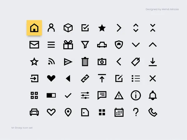 M-Sharp icon set, a grid of sharp line icons with the home icon highlighted in yellow