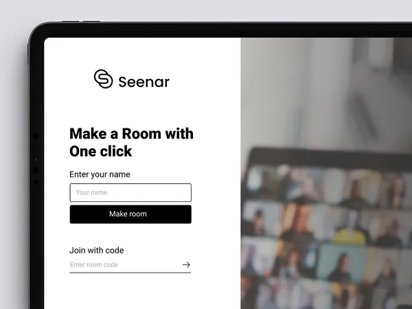 Seenar online meetings sign-in screen on a tablet, with make a room and join with code options