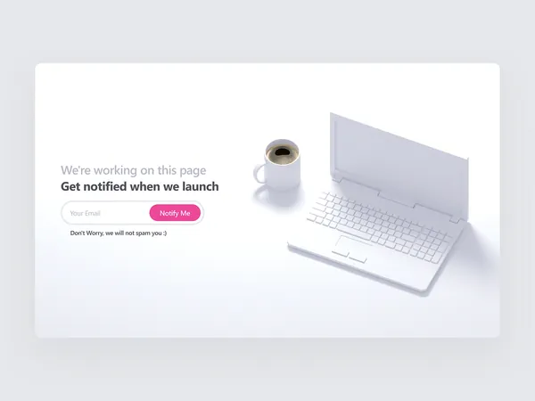 Coming soon page with an email notify form beside a white laptop and a cup of coffee