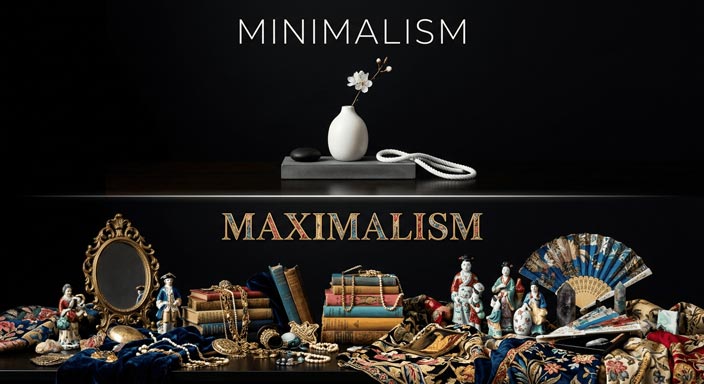 A split-panel image contrasting Minimalism and Maximalism against a black background. The top panel shows a minimalist arrangement on a gray concrete platform with a single white vase containing a solitary flower, a black stone, and a rope. Text above reads "MINIMALISM." The bottom panel presents a maximalist display of eclectic items like an antique mirror, porcelain figurines, stacks of old books, necklaces, draped textiles, and fans. Decorative text above reads "MAXIMALISM."