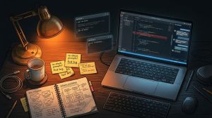 A dark editorial illustration of a developer’s desk at night, illuminated by a warm desk lamp and a cool laptop screen showing code and an AI sidebar, surrounded by a coffee mug, wireframe notebook, sticky notes, and holographic terminals.
