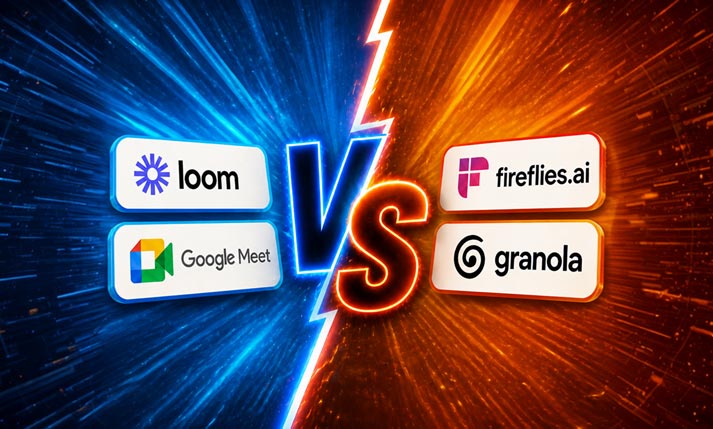 A split-screen graphic featuring a blue energy dynamic on the left with logos for Loom and Google Meet, and an orange glowing energy background on the right with logos for Fireflies.ai and Granola, separated by a bold lightning bolt "VS" in the center.