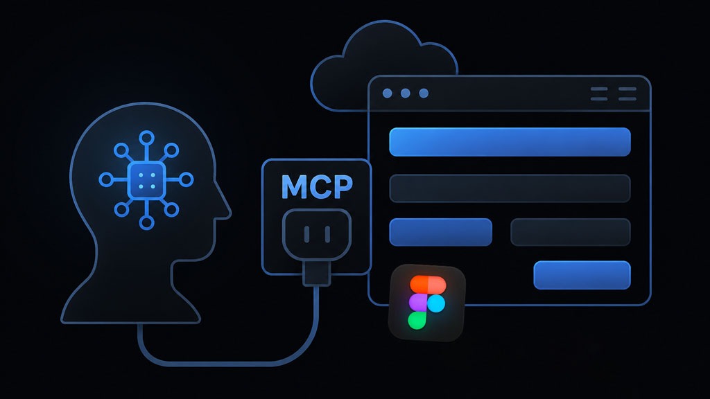 Dark mode illustration showing an AI connected to a web interface through MCP, with a device linking to the internet.