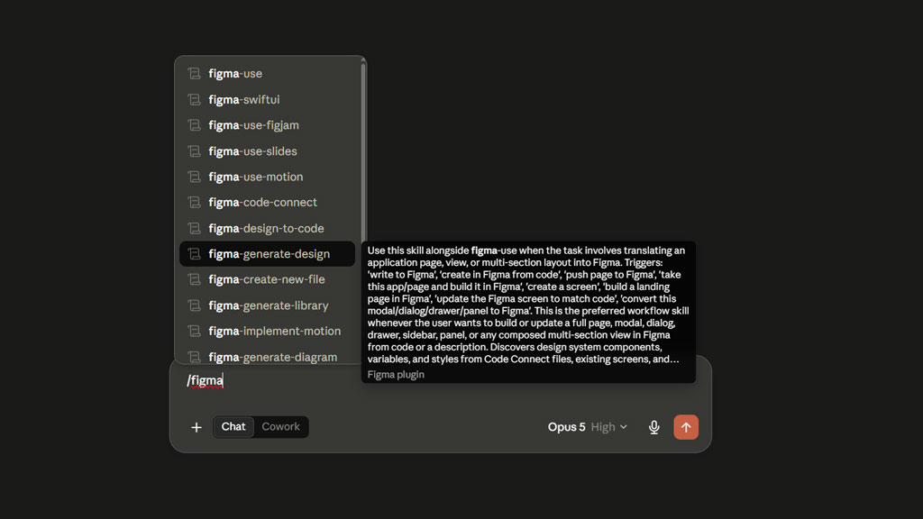 Screenshot of a Claude interface showing Figma related commands and the selected “figma generate design” skill with its description.